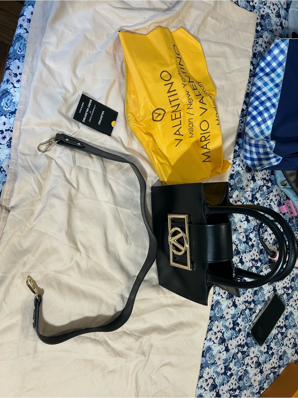 Valentino Black Leather Shoulder Bag with Gold Logo Hardware